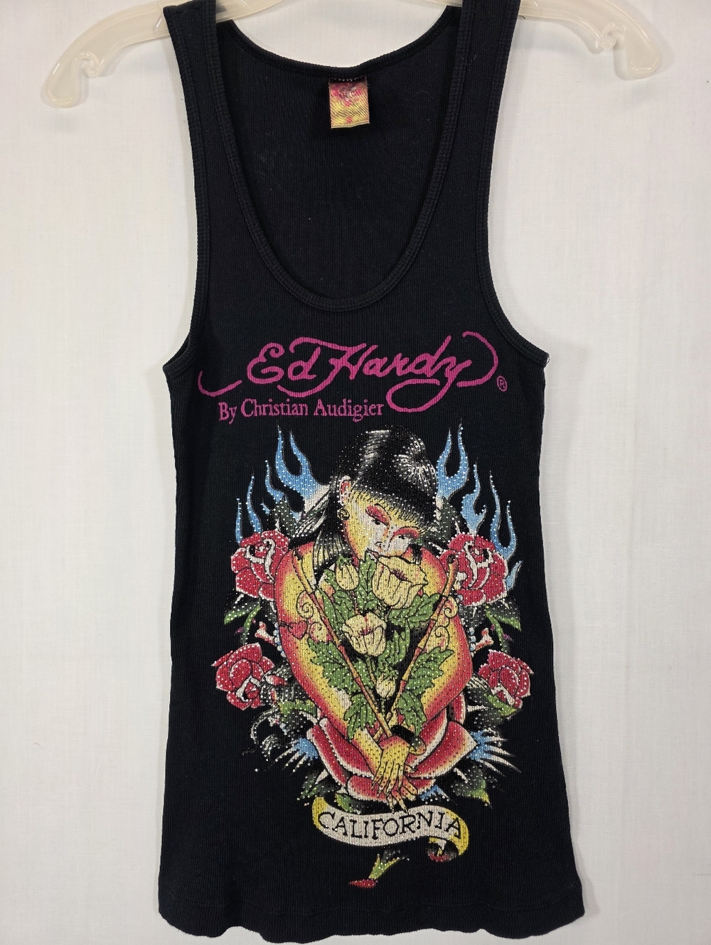 VTG Ed Hardy Christian Audigier Ribbed Tank Top Black Tattoo Graphic S - Picture 2 of 8